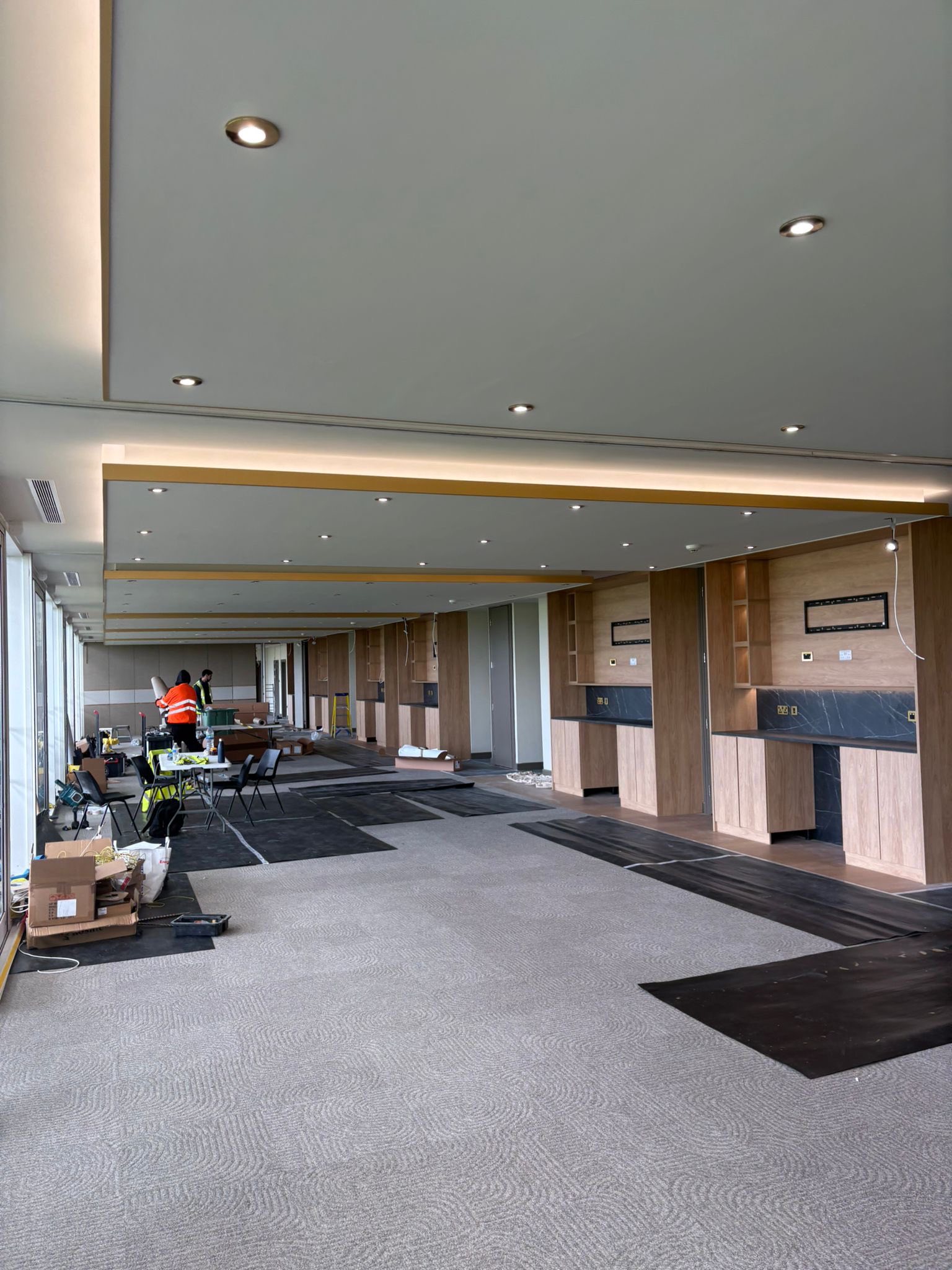 Office hospitality area mid fit-out with H&H Decorators on site